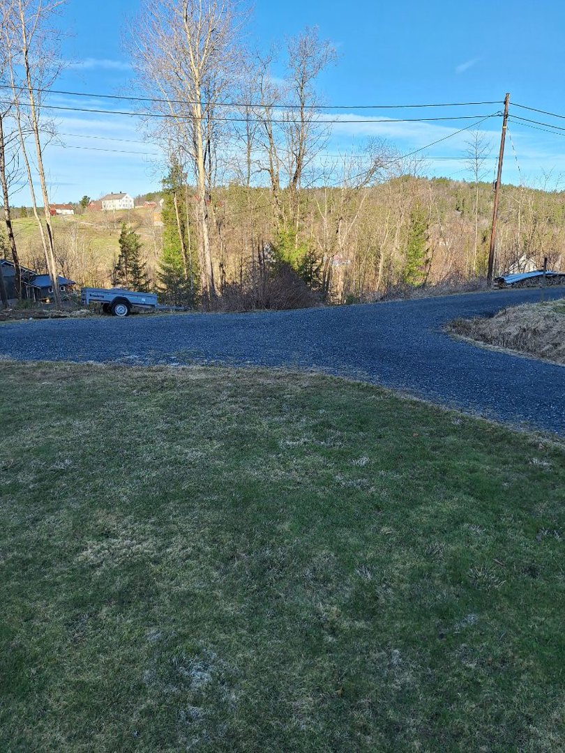 Fotografi av et utendørs område med grøft, en grusvei og skog i bakgrunnen.