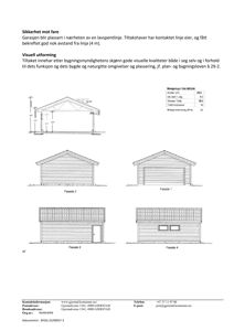 Fasadetegning som viser fire ulike utforminger av en garasje (Fasade 1-4) med mål og detaljer.