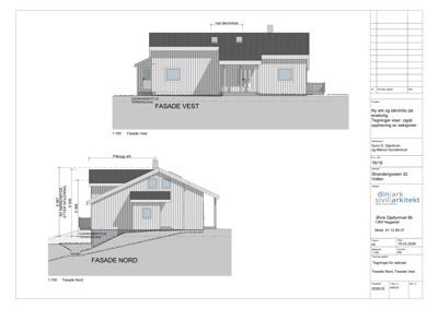 Bildet viser to fasadetegninger (Fasade Vest og Fasade Nord) av en bolig, inkludert mål og terrenglinje.