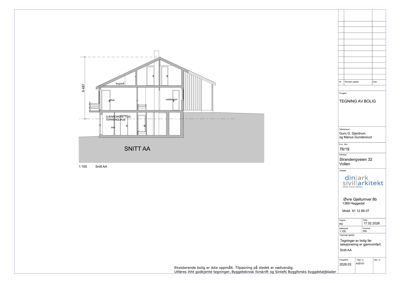 Snittegning (Snitt AA) av en bolig som viser romfordeling og høyder.
