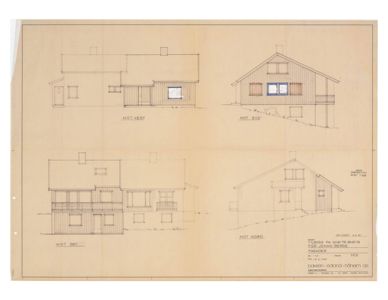 Fasadetegning som viser bygningens utseende fra fire sider (vest, syd, øst, nord).