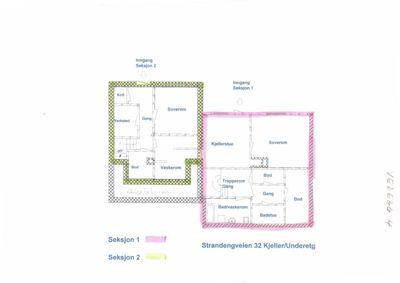 Etasjeplan som viser romfordeling for Seksjon 1 og Seksjon 2 i kjeller/underetasje.