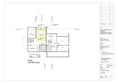 Etasjeplan (loftetasje) med romfordeling, mål og snittreferanser