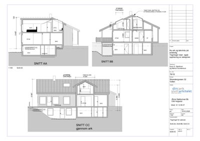 Bildet viser tre snittegninger (Snitt AA, Snitt BB, Snitt CC) av en bolig, som illustrerer bygningens tverrsnitt, romfordeling og høyder.