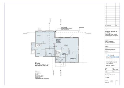 Etasjeplan (HOVEDETASJE) som viser romfordeling, veggposisjon og areal for en bolig.
