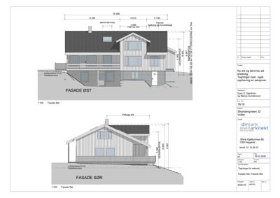 Bildet viser to fasadetegninger (Fasade Øst og Fasade Sør) av en bolig med mål og detaljer.