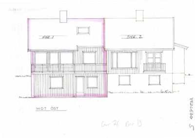 Fasadetegning av to bygninger (SNR. 1 og SNR. 2) sett mot øst.