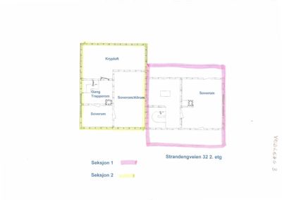 Etasjeplan for 2. etasje av en bygning på Strandengveien 32, som viser romfordeling og seksjonering.