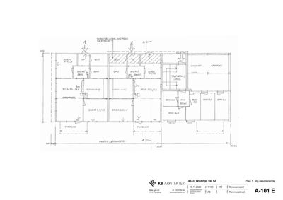 Etasjeplan (1. etg eksisterende) som viser romfordeling, dimensjoner og plassering av inngang/terrasse.