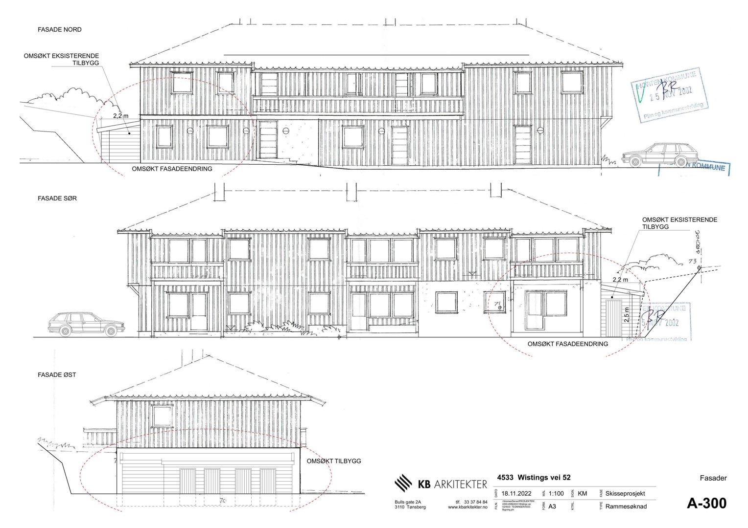 Fasadeopprikk (elevation) som viser bygningens utseende fra tre ulike sider (Nord, Sør og Øst).