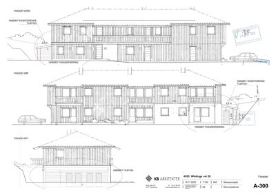 Fasadeopprikk (elevation) som viser bygningens utseende fra tre ulike sider (Nord, Sør og Øst).