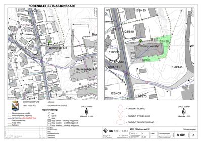 Forenklet situasjonskart som viser eiendomsgrenser, vegnett, eksisterende og planlagte bygg, samt tomtedeler og vannledninger.
