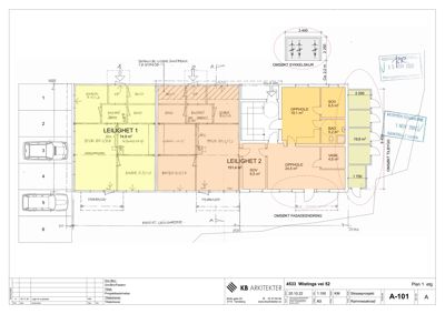 Etasjeplan (Plan 1. etg) som viser romfordeling, arealer og funksjoner for to leiligheter i et bygg.
