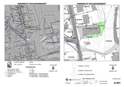 Forenklet situasjonskart som viser eiendomsgrenser, vannledninger og bygningers plassering i forhold til veier og nabolag.