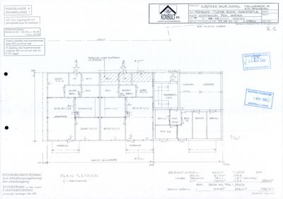 Etasjeplan (PLAN 1. ETASJE) som viser romfordeling, mål og areal for en eksisterende bygning.
