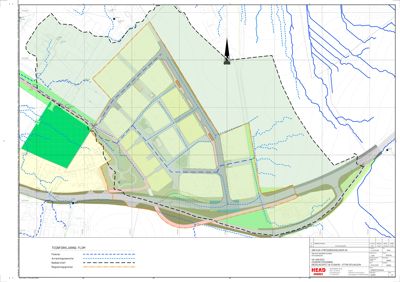 Situasjonsplan som viser et utbyggingsområde med planlagte tomter, veier, vannløp og reguleringsgrenser.