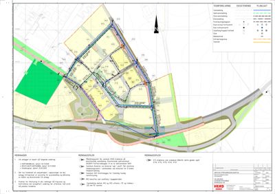 Situasjonsplan som viser tomtedeling, eksisterende og planlagt vei- og vannanlegg, samt merknader om VA-anlegg og utbyggingsforhold.