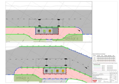 Situasjonsplan som viser plassering av en containerløsning i forhold til eksisterende veier og arealer (Område A og B).