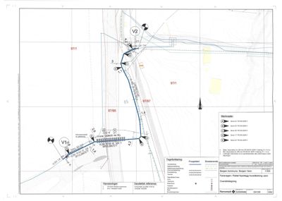 Kart over Rådal Nyanlegg hovedledning vurn med oversiktslegning og teknisk informasjon.