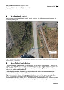 Ortofoto av et område langs Fanevegen i Rådalen, med overlagte røde linjer som viser eiendomsgrenser og et blått område som viser tiltaksområdet for terrenginngrep.