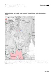 Kart som viser et tiltaksområde (rødt) og vannforekomster (grønne streker og rosa polygon) i et område rundt Fanavegen og Rådalen.