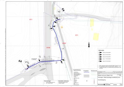 Situasjonsplan som viser rørføring (vannledning) i forhold til eksisterende og planlagt infrastruktur, med merknader om rørtyper og dimensjoner.