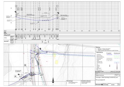 Situasjonsplan og lengdeprofil for vannledningsanlegg i Bergen kommune, med topografi, eksisterende og planlagt ledninger, kummer og merknader.