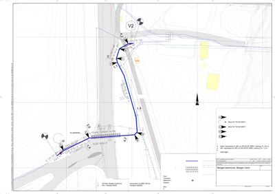 Situasjonsplan som viser rørføring (vannledning) i forhold til eksisterende og planlagt infrastruktur, med merknader om rørtyper og dimensjoner.