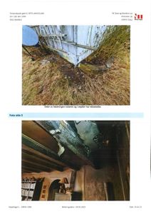 Fotografier av skader på en bygning, inkludert råteskader på klædning og skader på takkonstruksjon.