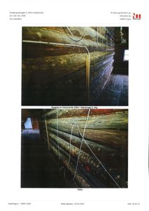 Fotografier av en bærevegg i etasjen 2 som er angrepet av treborende biller.