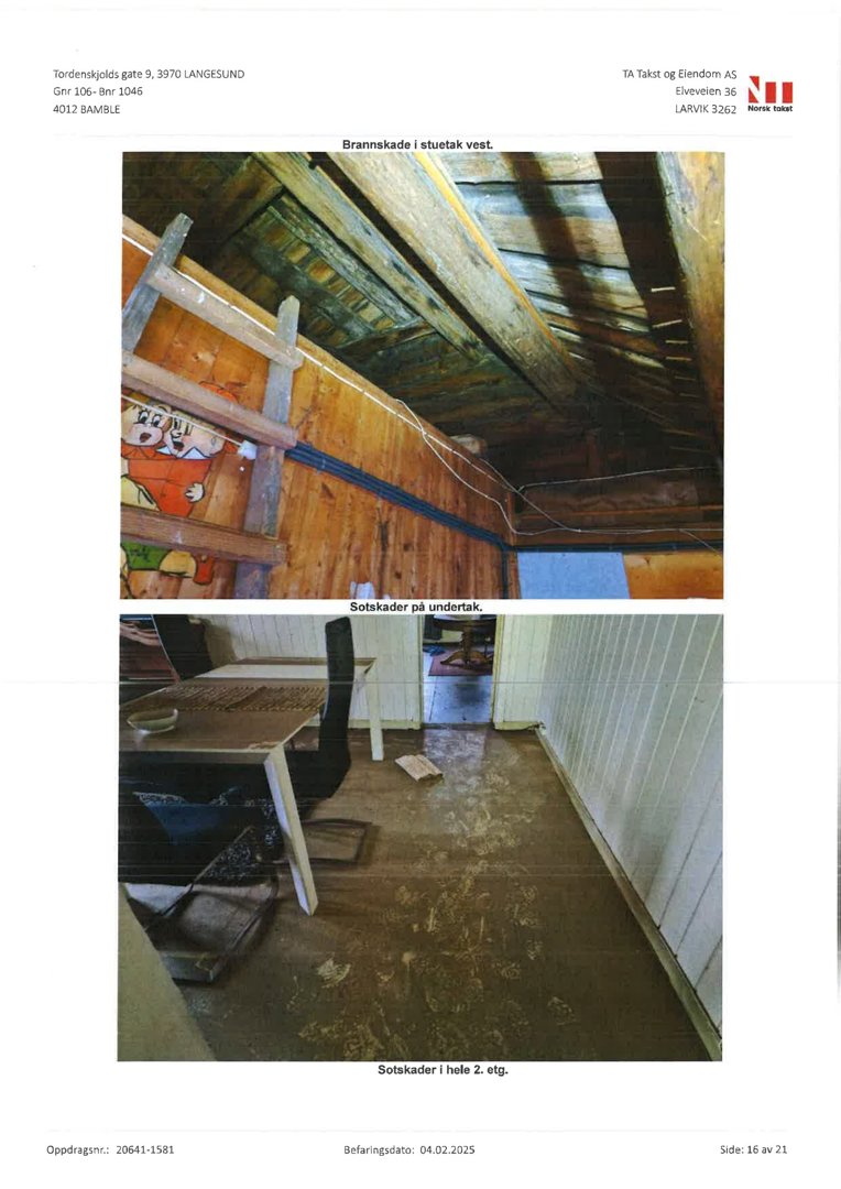 Fotografier som dokumenterer brannskader i et hus, inkludert skader på stuetak og gulv.