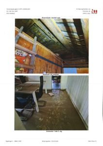 Fotografier som dokumenterer brannskader i et hus, inkludert skader på stuetak og gulv.