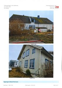 Fotografier av fasaden på en bygning (Tordenskiolds gate 9) før brann, med tekster 'Fasade nord' og 'Fasade vest'.