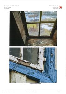 Fotografier av et vindu med skrudd fast karm og dårlig tilstand, inkludert tekstbeskrivelser om vinduets stand.