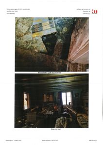 Fotografier av skader i en bygning (brannskader i gulvslue og stue) med beskrivende tekster.