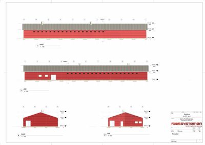 Fasadetegning som viser bygningens utseende fra fire sider (vest, øst, nord, sør) med mål, høyder og detaljer.
