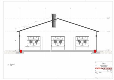 Snittegning (Section 1) som viser tverrsnittet av et ephus med detaljer om takkonstruksjon, røykledning og fundament.