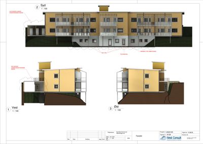 Fasadetegning som viser bygningens utseende fra tre sider (Syd, Vest, Øst) med detaljer om vinduer, balkonger og terrengforhold.