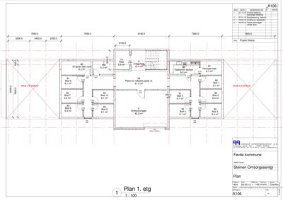 Etasjeplan (1. etg) som viser romfordeling, arealer og dimensjoner for en bygning.