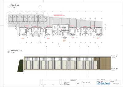 Etasjeplan for 2. etasje (Plan 2. etg) og fasadeopprikk (Elevation 1 - a) for en bygning med flere boliger.