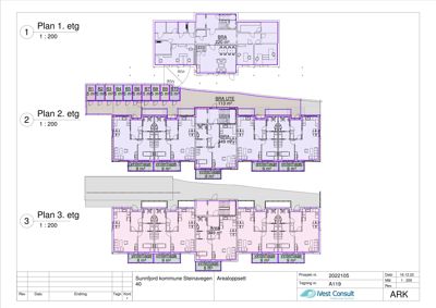 Etasjeplaner (1. etg, 2. etg, 3. etg) som viser romfordeling, arealer og vintertufter for en bygning.