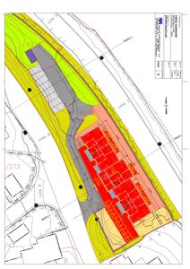 Situasjonsplan som viser tomtens form, høydemåler (konturlinjer), bygningers plassering, og omgivelsers topografi.