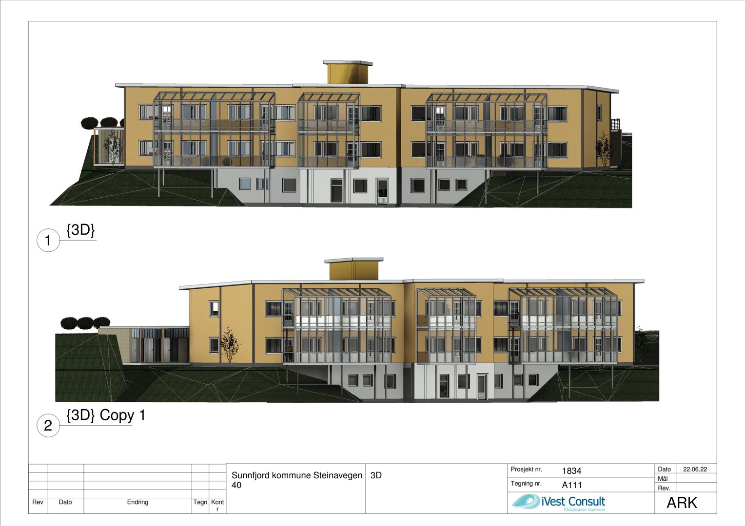 3D-visualisering (rendering) av fasaden på et fleretasjes bygg med balkonger og terrasser.