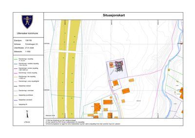 Situasjonskart som viser eiendomsforhold, eiendomsgrenser, vegkant og nabolag for eiendommen Finholtvegen 23 i Ullensaker kommune.