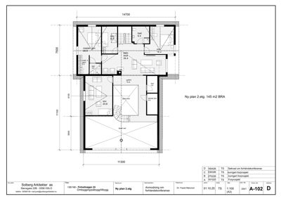 Etasjeplan for 2. etasje som viser romfordeling, dimensjoner og arealoppdelinger.