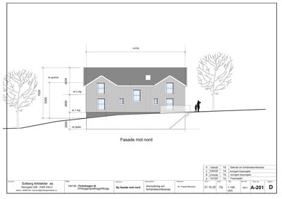 Fasadetegning (opprikk) av en bygning sett fra nord, med mål og detaljer om fasadebehandling.