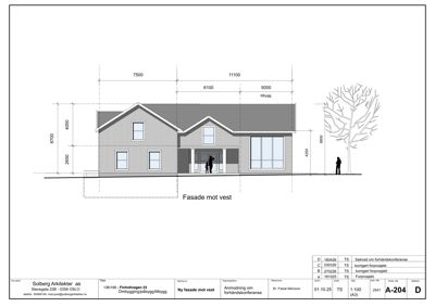 Fasadetegning av en bolig med mål, detaljer og en skisse av en tre.