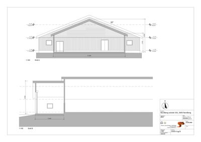 Tegning som viser tverrsnitt gjennom en bygning (Snitt A og B) med mål og høyder.