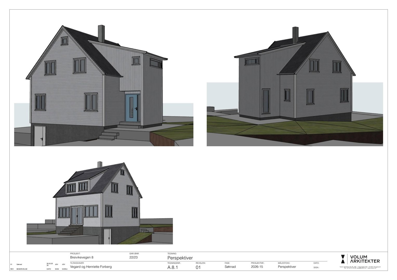 Tre perspektivtegninger (3D-visualiseringer) av et hus i ulike vinkler.