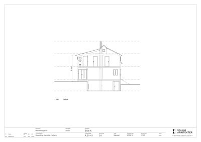 Snittegning (Snitt A) som viser tverrsnittet av en toetasjes bolig.